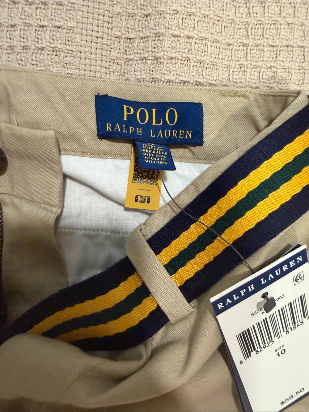 Ralph Lauren Tan Chino Pants with Striped Navy, Yellow & Green Belt